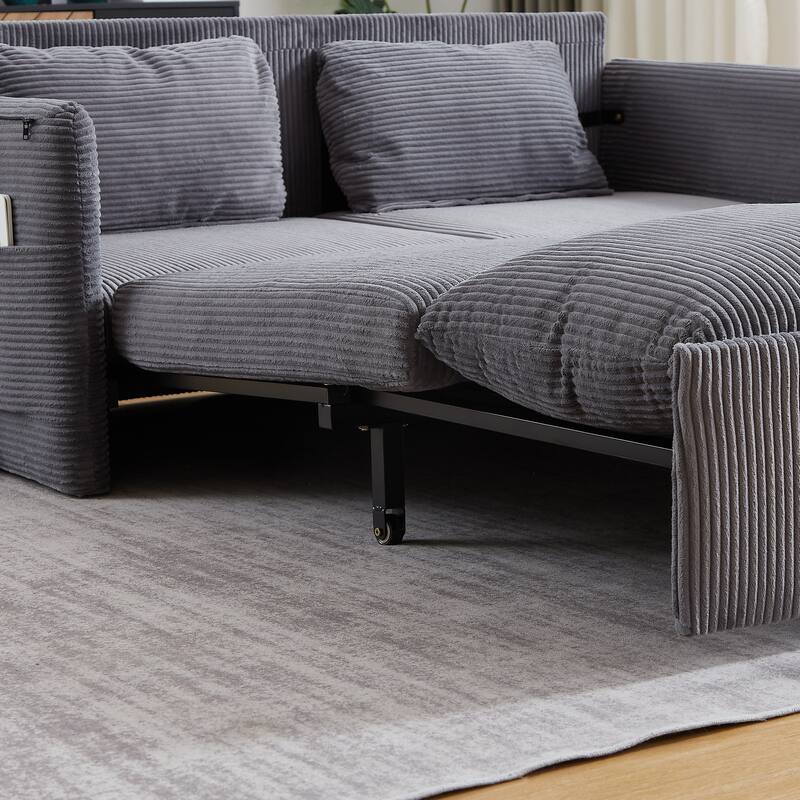Corduroy Convertible Sleeper Sofa Bed, 3-in-1 Adjustable Sleeper Sofa Couch, Lounge Loveseat Sofa with 2 Pillows & Side Pockets