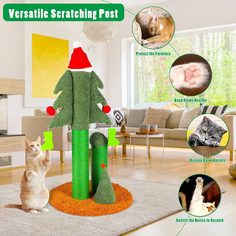CUSchoice 32" Christmas Tree Cat Scratcher with 3 Posts & Teaser Balls - 32'