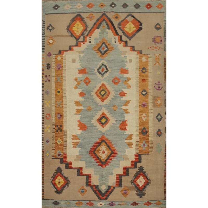 Hand Woven Oriental 100% Wool Carpet Southwestern Tribal Navy Blue & Blues Kilim Area Rug - 7' 4'' X 5' 0''