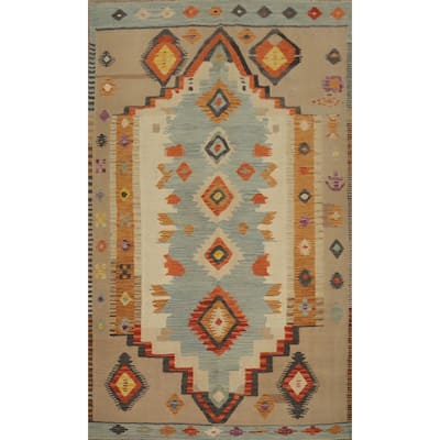 Hand Woven Oriental 100% Wool Carpet Southwestern Tribal Navy Blue & Blues Kilim Area Rug - 7' 4'' X 5' 0''