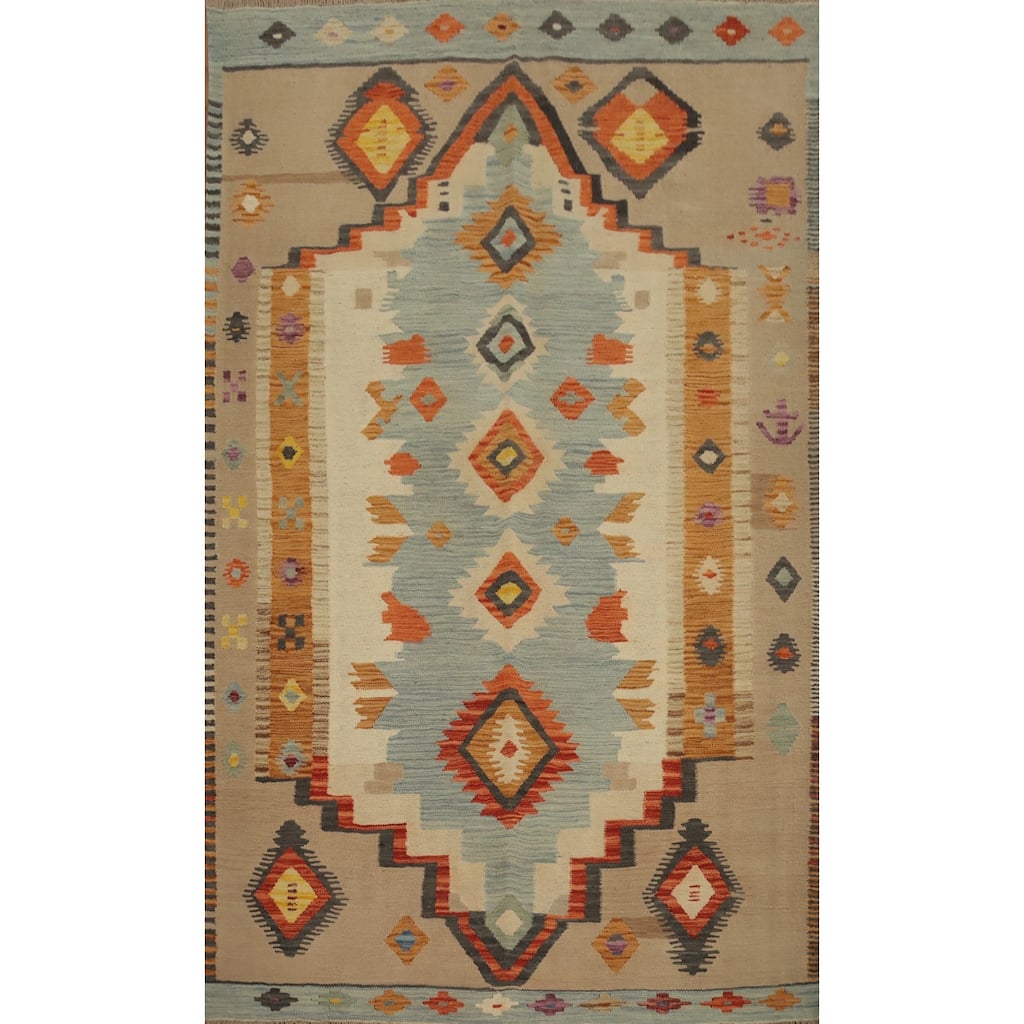 Hand Woven Oriental 100% Wool Carpet Southwestern Tribal Navy Blue & Blues Kilim Area Rug - 7' 4'' X 5' 0''