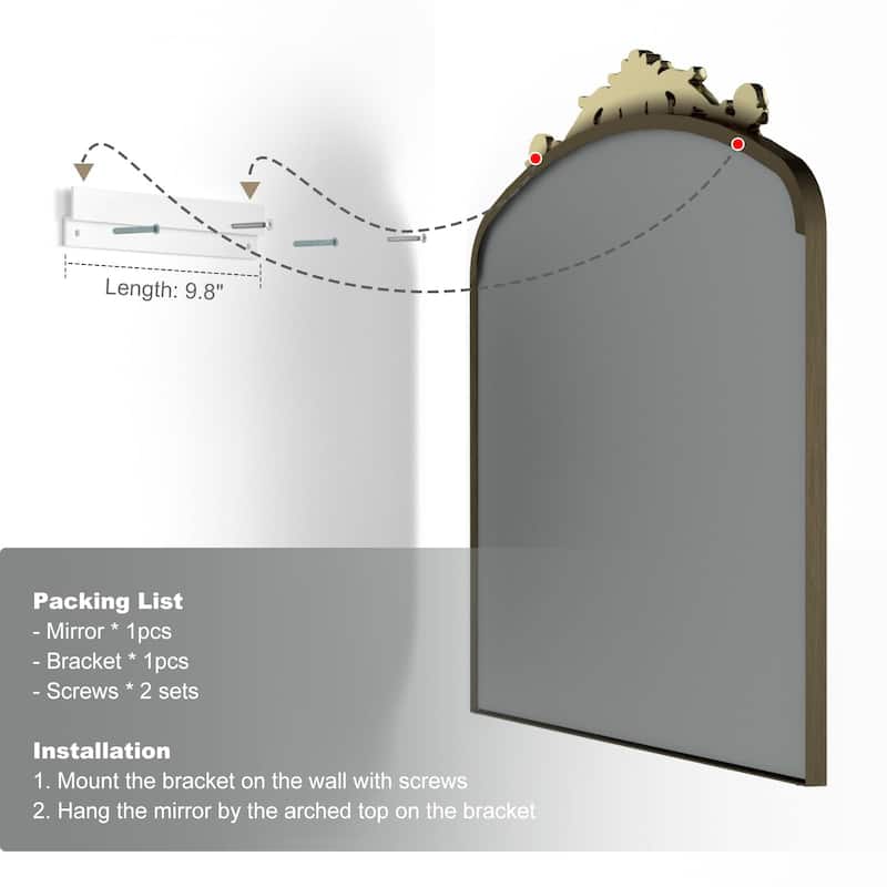 KIOTEE Arched Wall Mirror and Metal Frame Baroque Style Bathroom Vanity Mirror