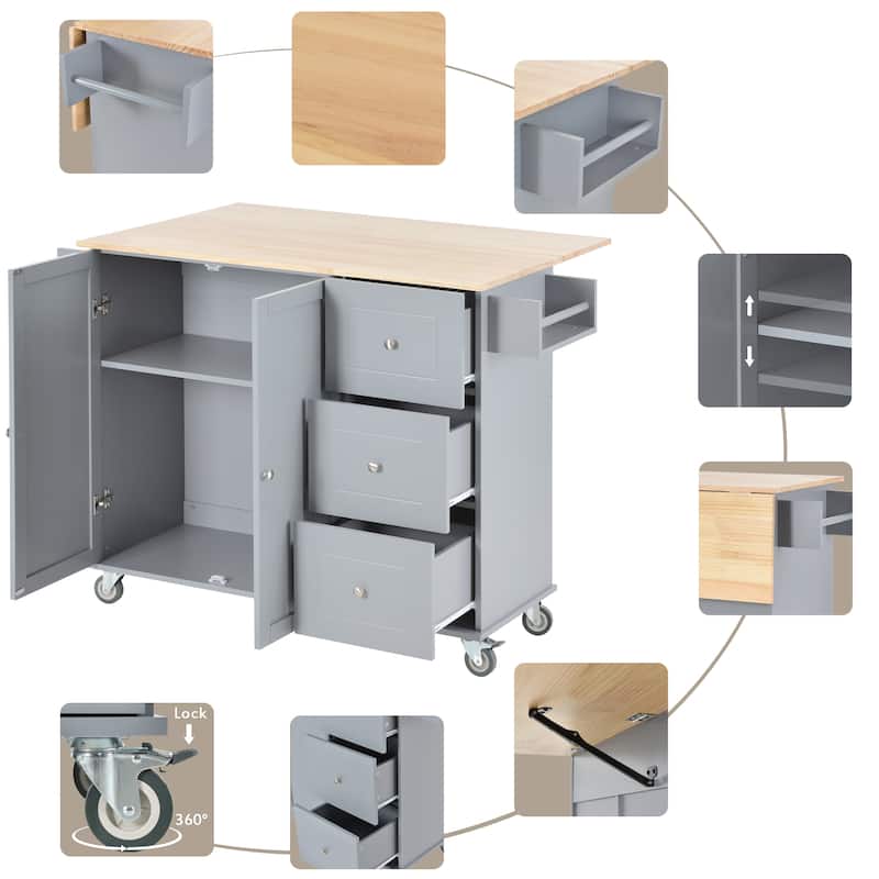 Rolling Kitchen Island with Solid Wood Top, Storage Cabinet and Drop Leaf Bar w/Spice Rack, Towel Rack for Living Room