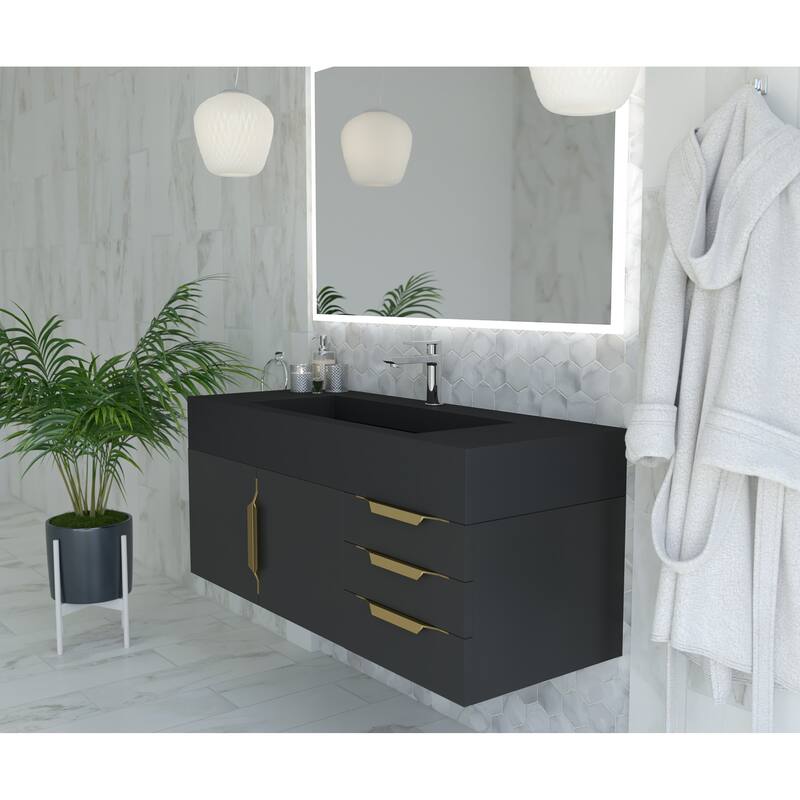 Nile 48" Wall Mounted Bathroom Vanity Set w/ Black Top