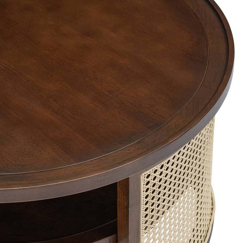 2-Tiered Round Wood Coffee Table with Storage Rattan Base in 31.3''