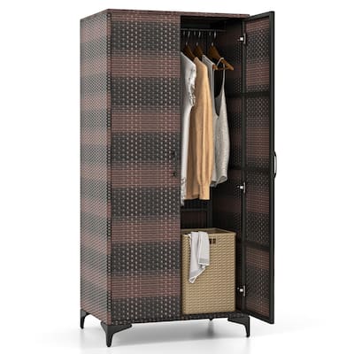 Gymax 62'' Wicker Wardrobe w/ 2 Doors Hanging Rod & 4 Storage Cubes