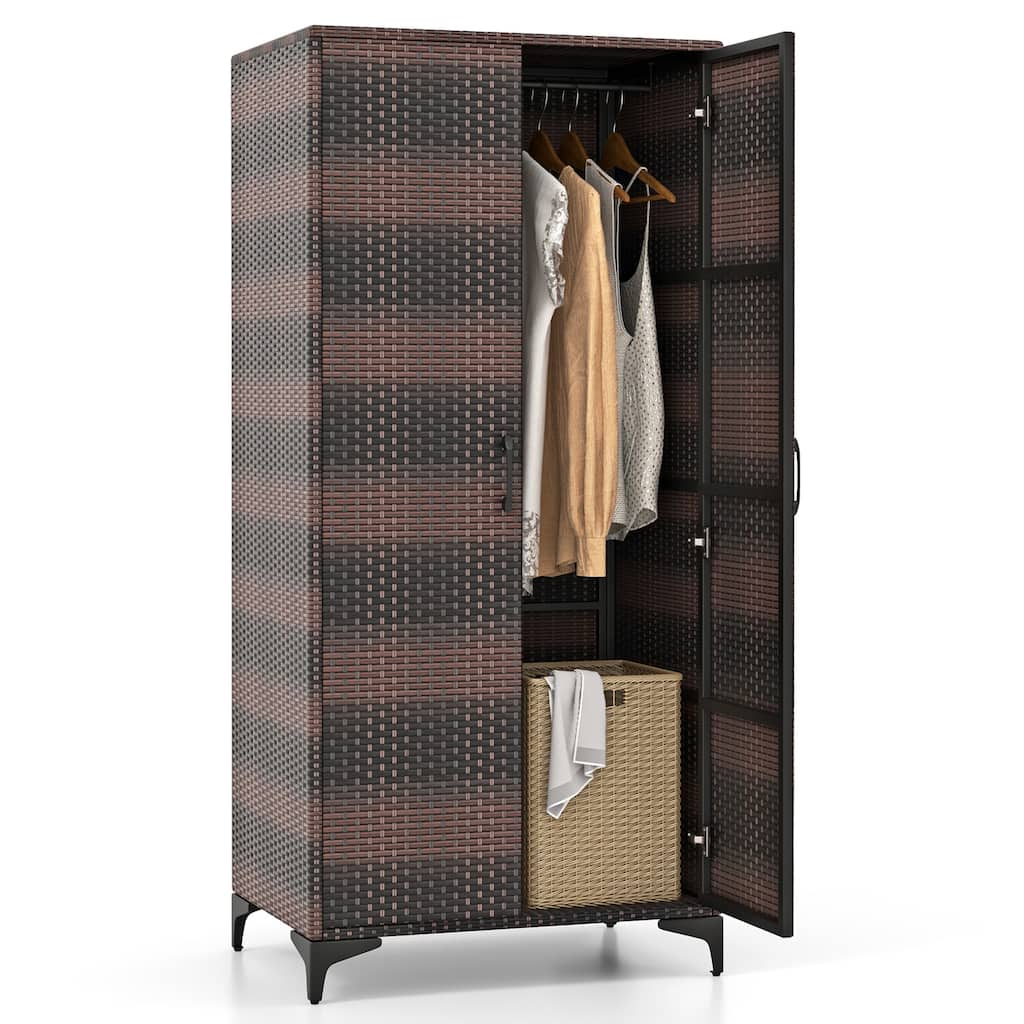 Gymax 62'' Wicker Wardrobe w/ 2 Doors Hanging Rod & 4 Storage Cubes