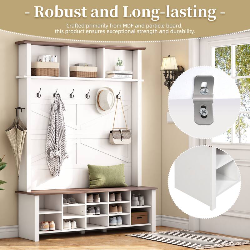 Hall Tree Entryway Bench with 6 Hooks, Rustic White Shoe Organizer with 16 Open Compartments for Mudroom