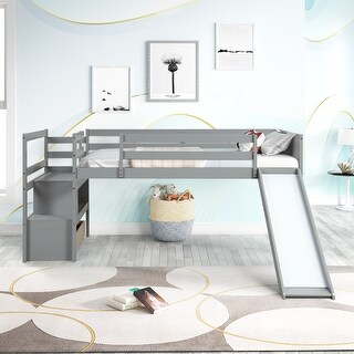 Gray Twin Size Wood Low Loft Bed with Storage Stairs / Slide / Drawer ...