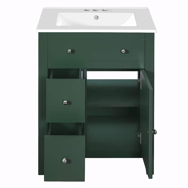 24" Modern Bathroom Vanity with Ceramic Basin - Restroom Sink Cabinet with 2 Drawers