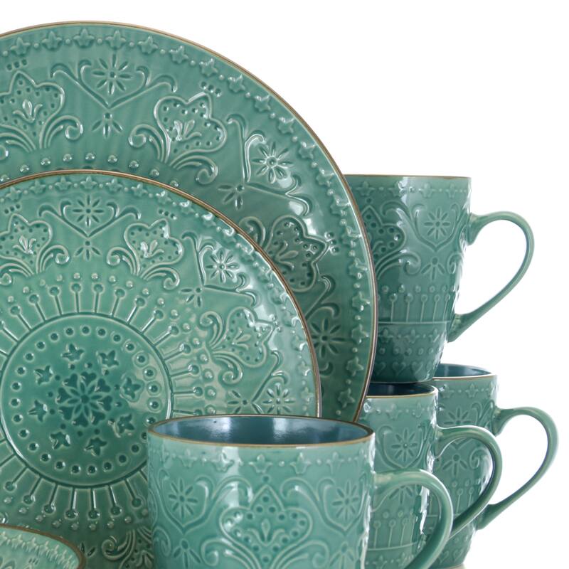 Intricate Emobssed Pattern in Seafoam Green Round Stoneware Dinnerware Set 16 Pieces