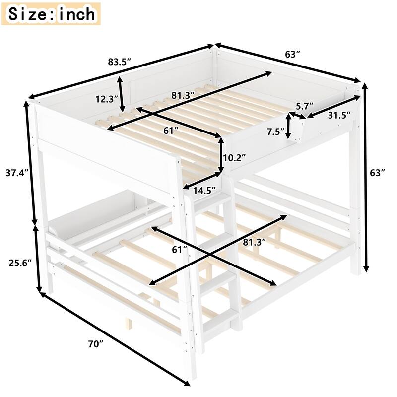 Wooden Bunk Bed Frame with Built-In Storage Shelves, Convertible to Two Beds, No Box Spring Needed