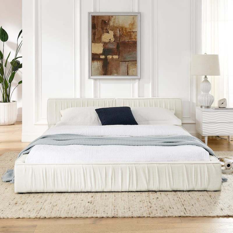 Queen Size Upholstered Bed Frame - Chenille Fabric, Pleated Design, Headboard, No Box Spring Needed