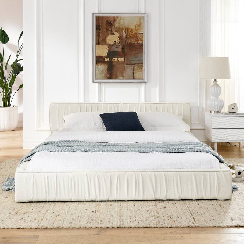 Queen Size Upholstered Bed Frame with Chenille fabric with pleated design,Grounded Queen Size Platform Bed