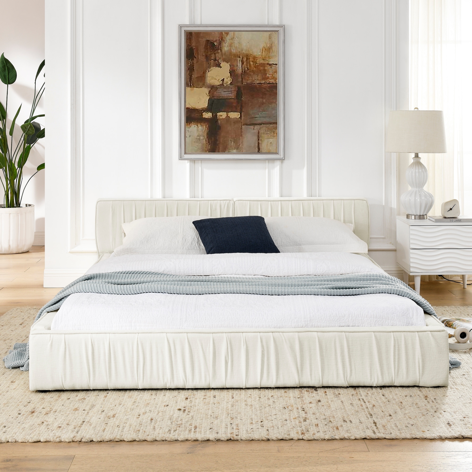Queen Size Upholstered Floor Bed Frame, Chenille Fabric Queen Platform Bed with Headboard and Solid Frame, Wood Slats Support