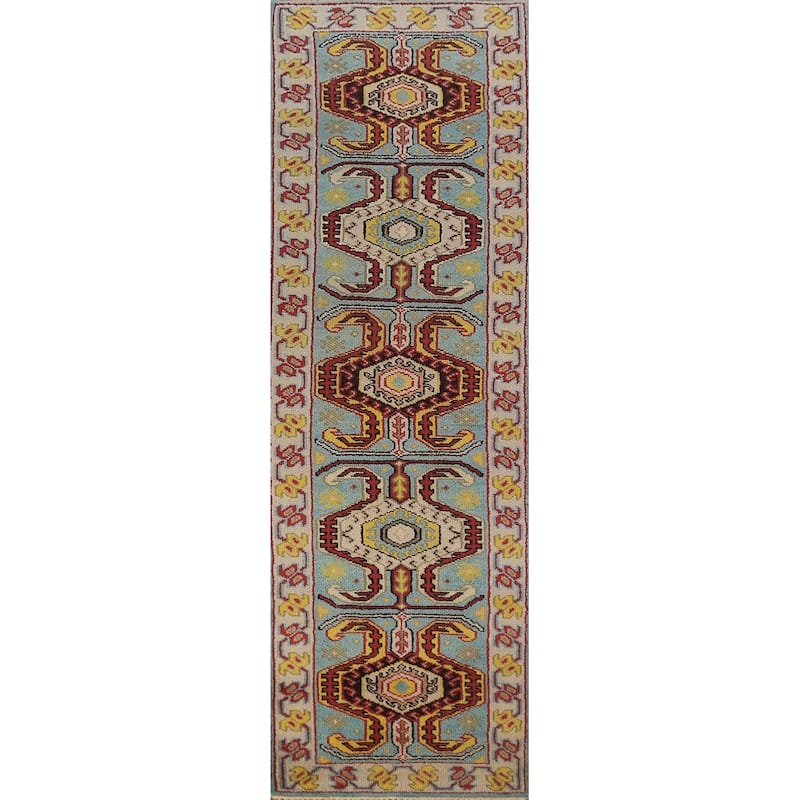 Light Blue Geometric Kazak Indian Runner Rug Handmade Wool Carpet - 2'6"x 9'11"