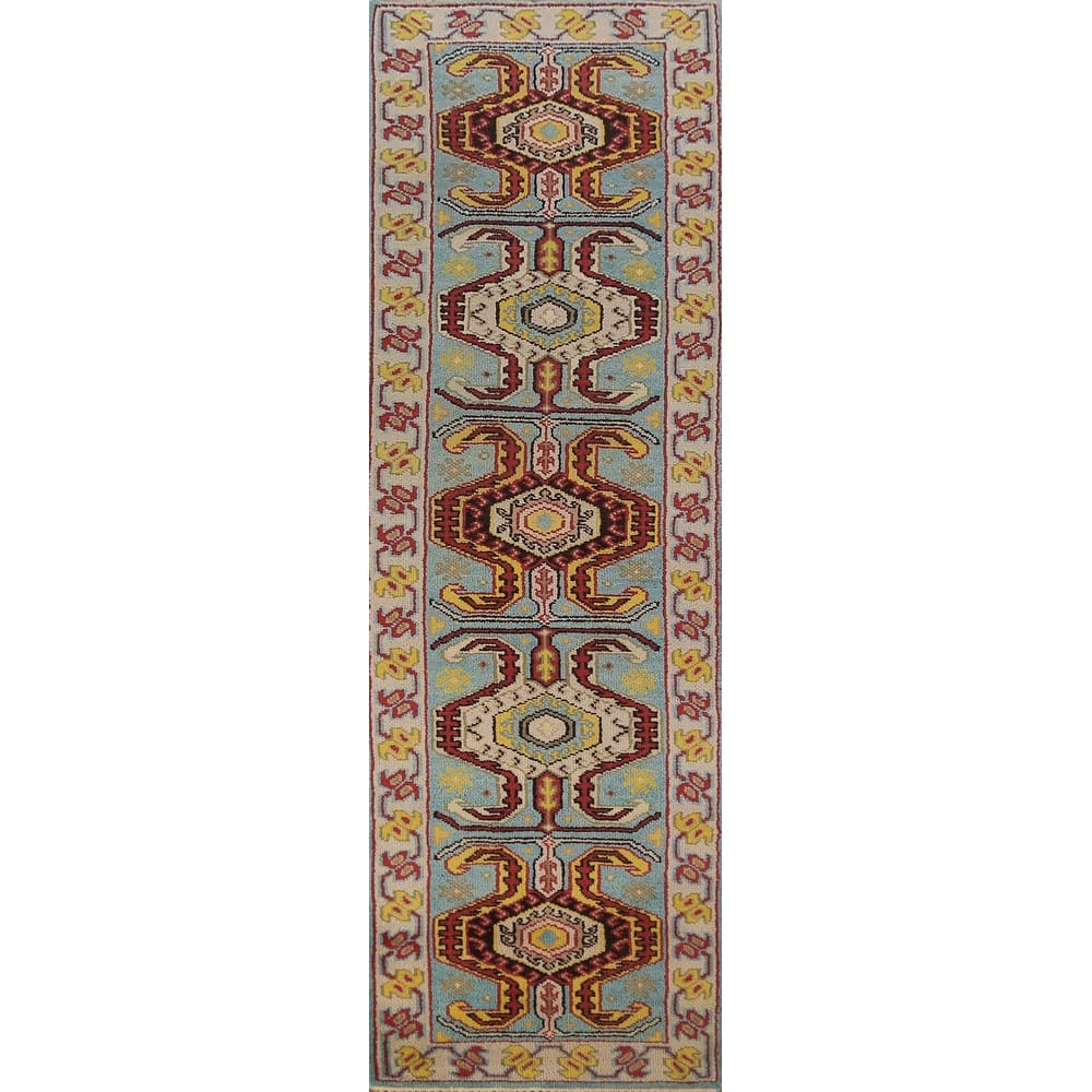 Light Blue Geometric Kazak Indian Runner Rug Handmade Wool Carpet - 2'6"x 9'11"