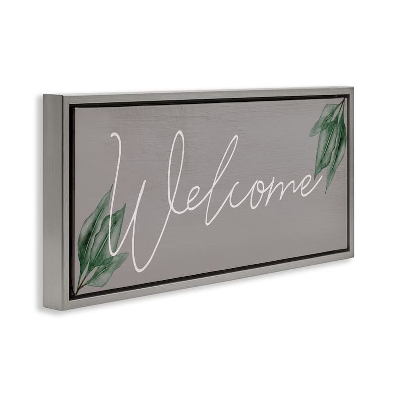 Stupell Welcome on Grey with Herbs Framed Floater Canvas Wall Art Design By Lil' Rue