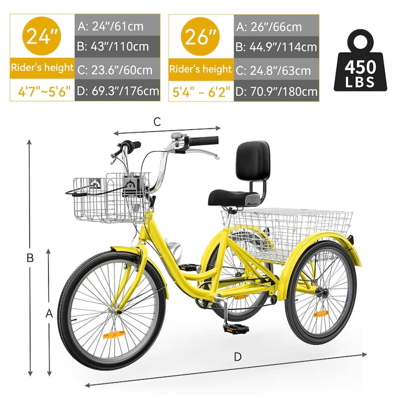 24"/26" Yellow Adult Tricycle 7 Speed Trike Bike with Shimano Shifting with Removable Baskets