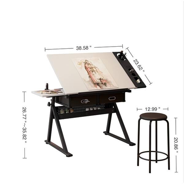dimension image slide 2 of 3, Adjustable Drawing Drafting Table Desk with 2 Drawers and Stool