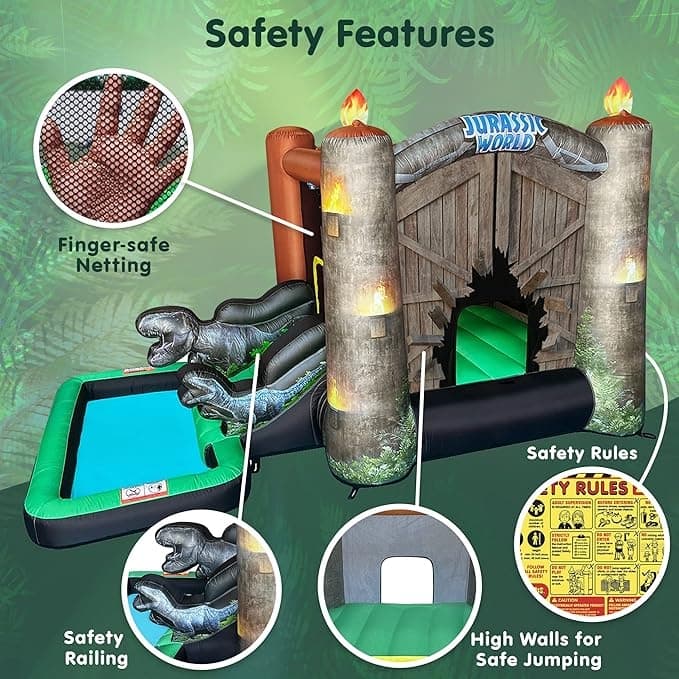 Jurassic World Dinosaur Bounce House Water Slide with Pool, Outdoor Bouncy Castle with Ball Pit for Kids Ages 3-8