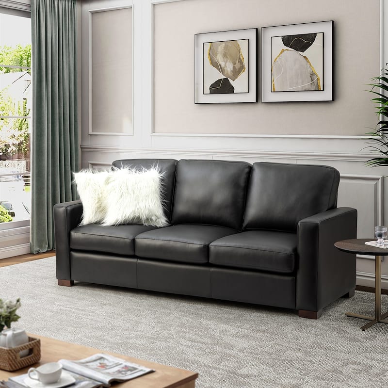 Ernando 83.46" Wide Genuine Leather Sofa with Squared Arms and Pillows