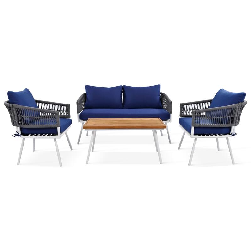 4-Piece Boho Sling Patio Conversation Set Outdoor Seating Set with Gray Cushions and Acacia Wood Coffee Table - Blue