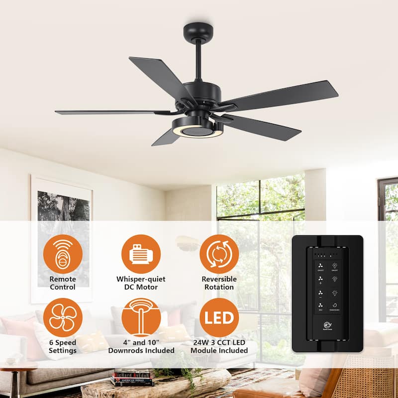 52-Inch Modern Intergatred LED Reversible Black Ceiling Fan with Light and Remote