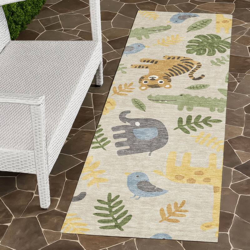Machine Washable Indoor/ Outdoor Whimsy Safari Animals Chantille Rug - Beige - 2'3" x 7'6"