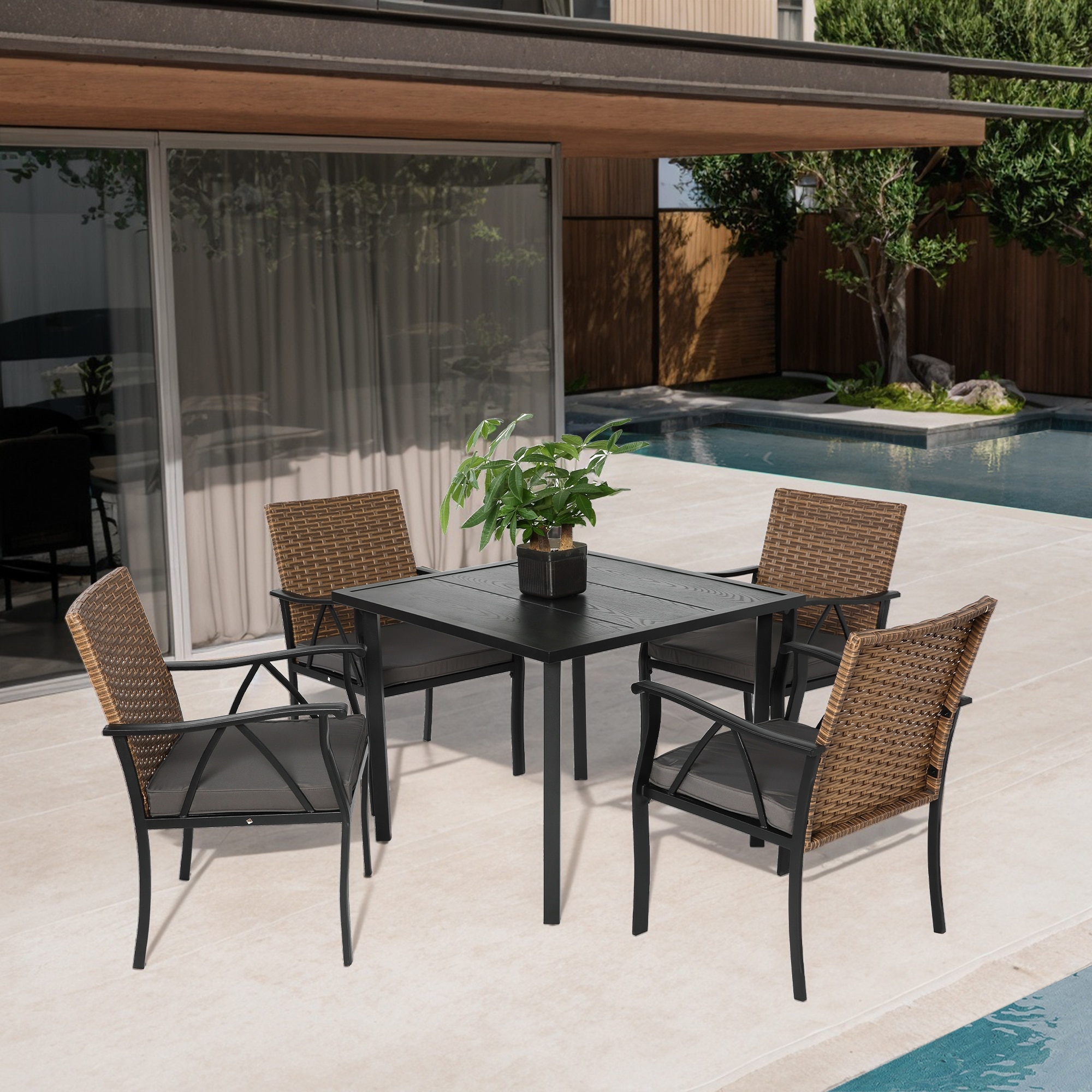5-Piece Wicker Outdoor Table and Chairs, Dining Set w/Square steel Tabletop and Umbrella Hole, Patio Table and Chairs Set
