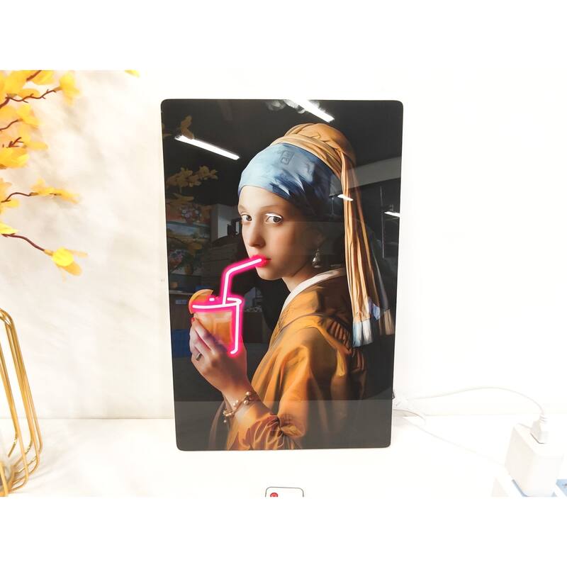 Neon Style LED Wall Art - Girl with a Pearl Earring Acrylic Print with Lighted Drink Effect