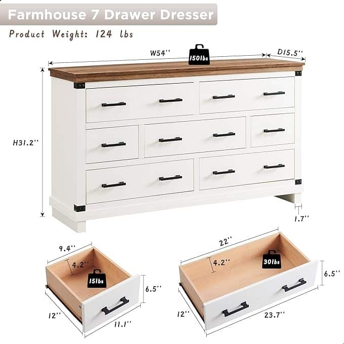 Farmhouse 7 Drawers Dresser, Wood Chest of Drawers, Closet Dresser