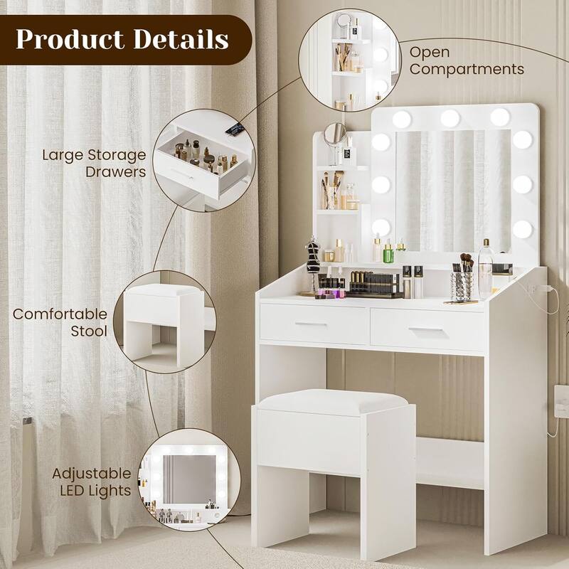 Modern Dressing Table, Makeup Vanity Desk with Mirror and Lights for Bedroom