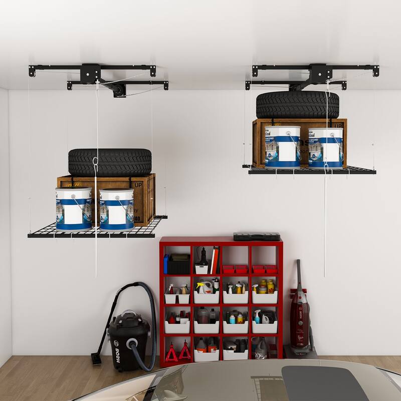 Roomfitters Overhead Garage Storage Rack 3x6 FT, Crank Down Ceiling Organizer for 10-12 FT Garages, 270lb Lift, White - 4x4 - Black
