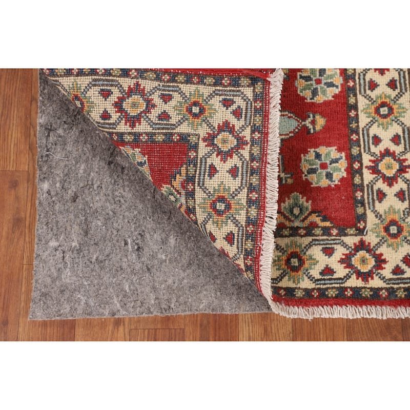 Geometric Red Kazak Runner Rug Hand-Knotted Wool Carpet - 2'1" x 6'0"