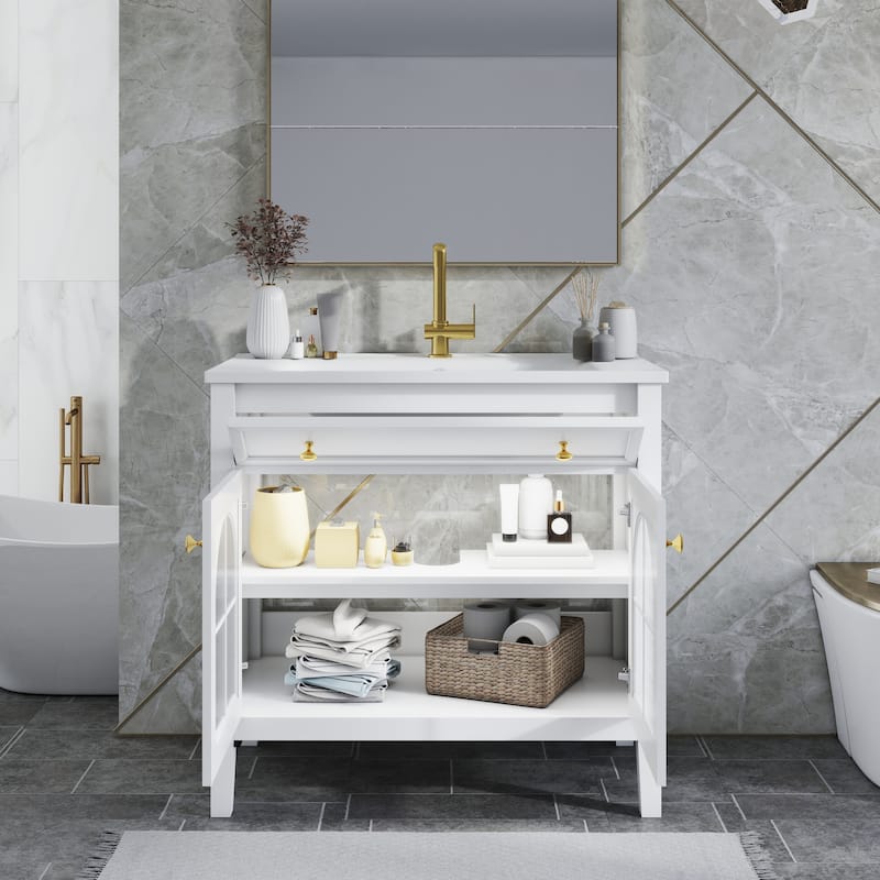 Modern Single Sink Bathroom Vanity Cabinet with Motion-sensor Light Strip & Patterned Glass, Ceramic Integrated Basin