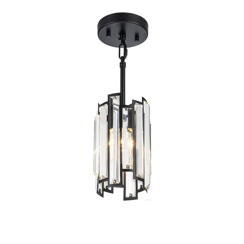 1-Light Modern Glam Black/Gold Cylinder Crystal Pendant Kitchen Island Light