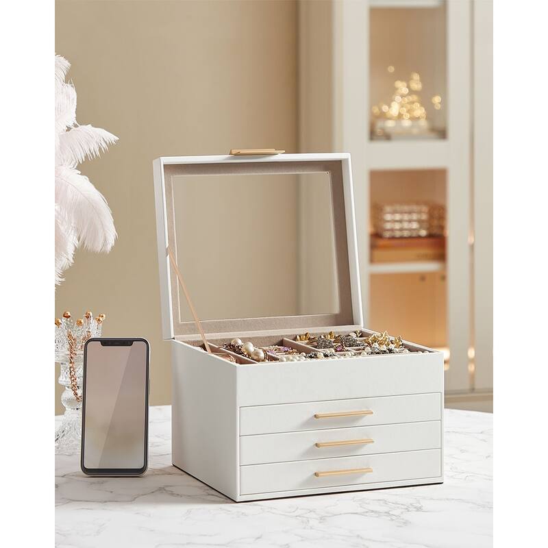 Modern Jewelry Organizer with Multiple Drawers Glass Top and Velvet Interior for Storage