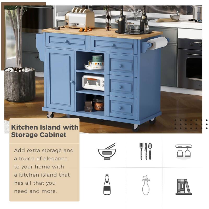 Rolling Kitchen Island Cart with Rubber Wood Top, 5 Drawers, Storage Cabinet & Adjustable Shelves - 53" Black