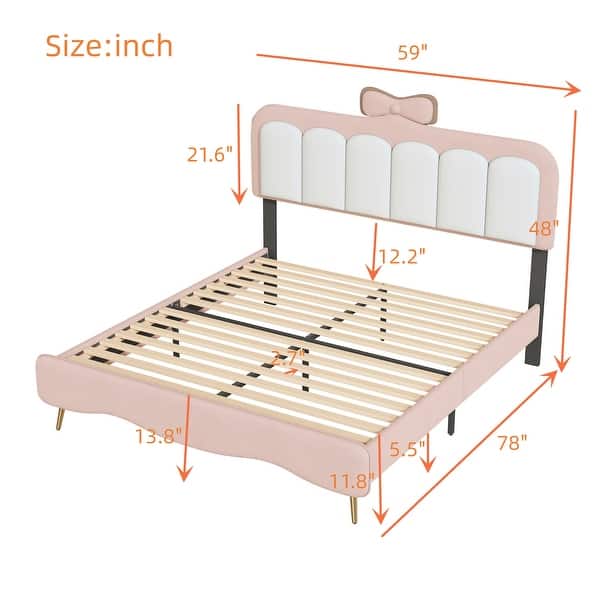 dimension image slide 0 of 2, Cute Princess Bed Upholstered Platform Bed with Headboard, Unique Princess Design Bed Frame with Bow-Knot & Metal Leg