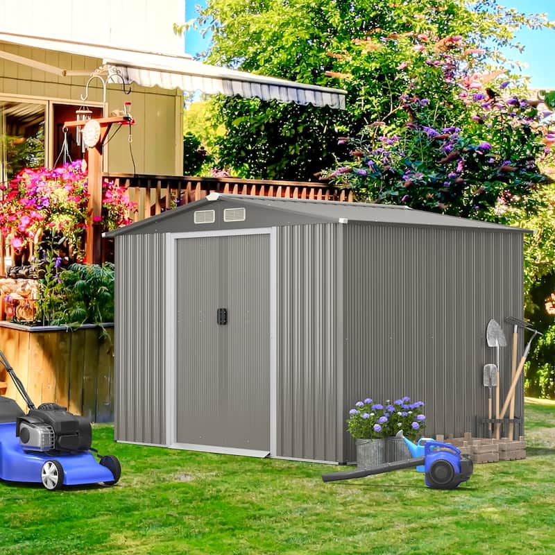 Costway 8'x6' Outdoor Storage Shed Galvanized Steel Tool House - 102'' x 81.6'' x 72'' (L X W X H)