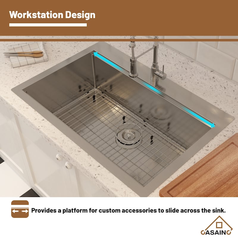 33 in. Drop-In Single Bowl 18 Gauge Brushed Stainless Steel Workstation Topmount Kitchen Sink with Sliding-Accessories