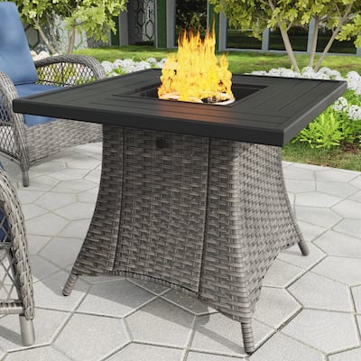 Cozywor 31.7in Propane Square Fire Pit Gas Fire Pit Table with Lid and Metal Tabletop, CSA with Lava Rocks