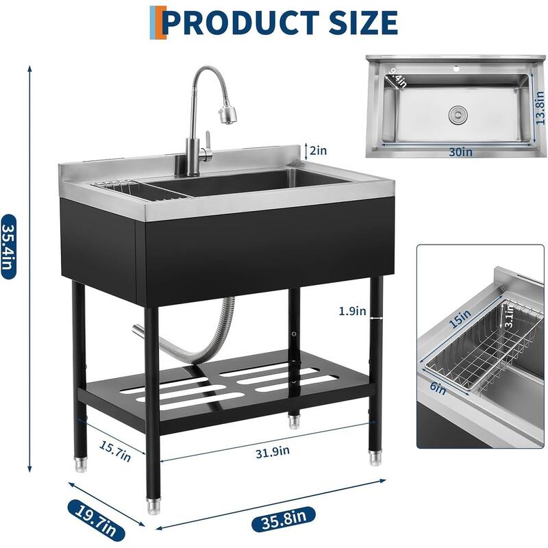36x 20 x 35.5inch Freestanding Stainless Steel Utility Sink, Black