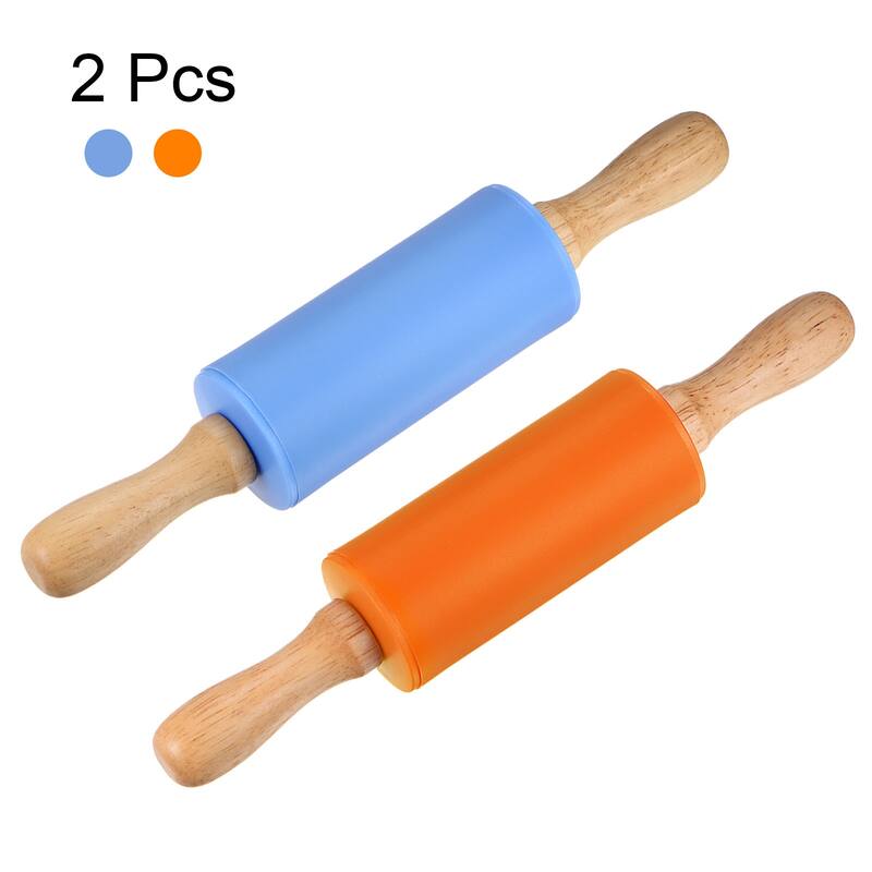 Silicone Rolling Pins for Baking Wood Handle 23.5cm x 4.2cm Blue & Orange - Blue & Orange