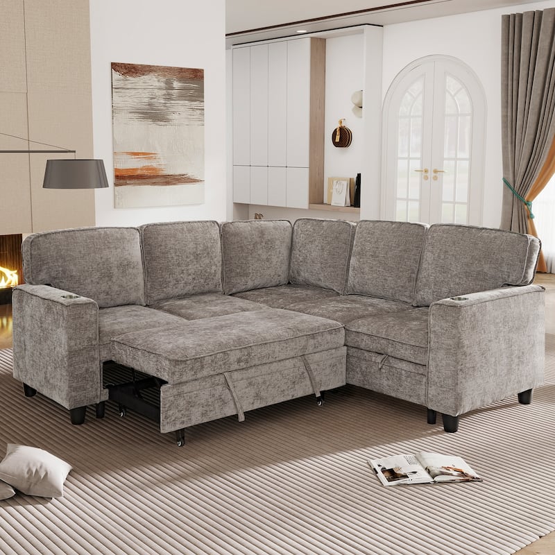 81" Chenille L-Shaped Sofa Bed with USB, 5-Seater