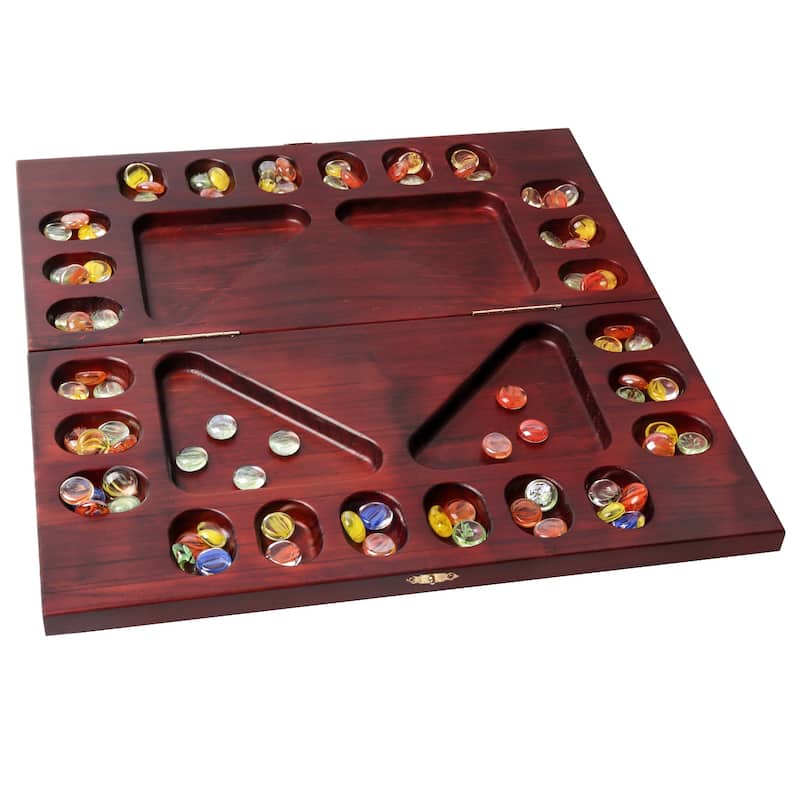 GSE™ 4-Player Mancala Board Game with Multi-Color Glass Stones, Folding Wooden 4-Way African Mancala Game Set