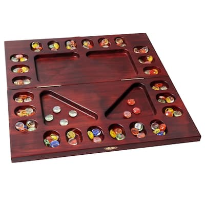 GSE™ 4-Player Mancala Board Game with Multi-Color Glass Stones, Folding Wooden 4-Way African Mancala Game Set