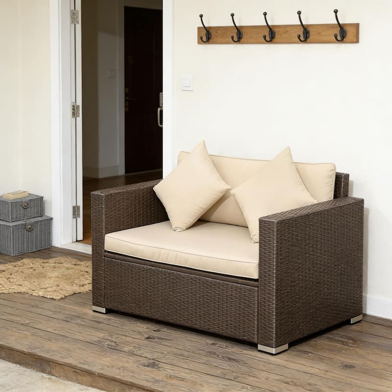 GDFStudio Outdoor Sorrel PE Rattan Outdoor Loveseat with Cushions - Beige+Brown