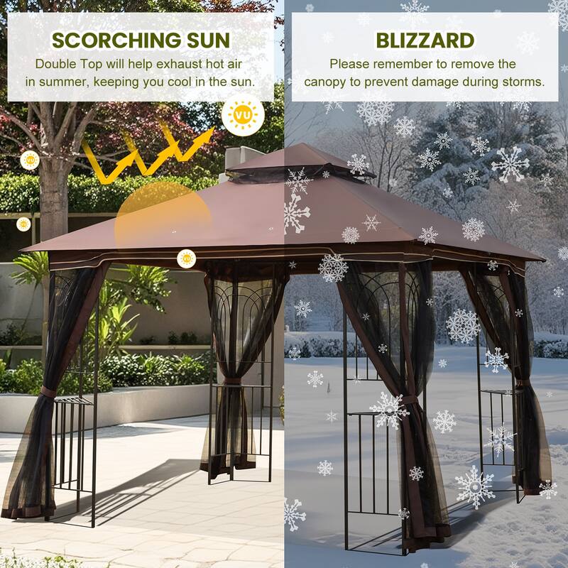 9'X9' Outdoor Steel Gazebo, Double Roof Patio Canopy with Netting, Curtains & Hanging Hooks for Backyard Deck Garden